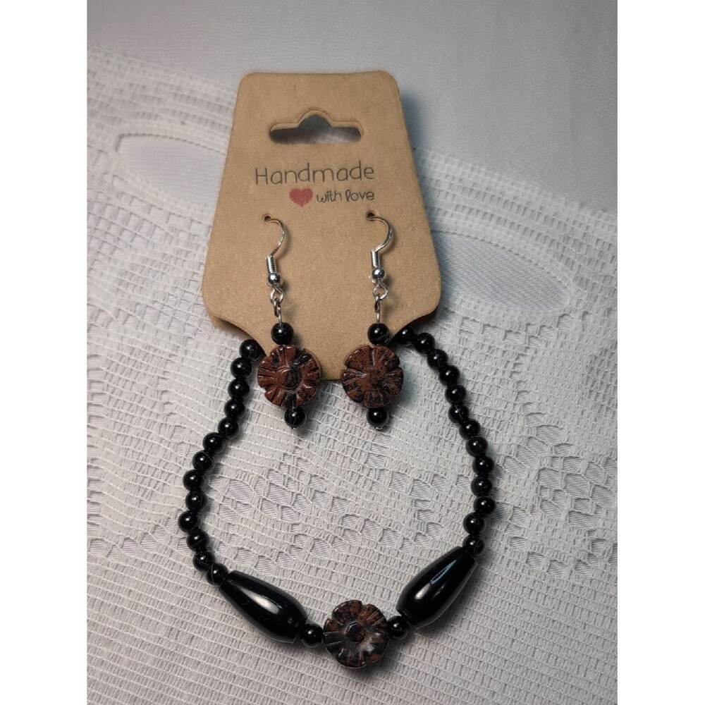 Handmade Mahogany Obsidian With Black Onyx Earring And Bracelet Set